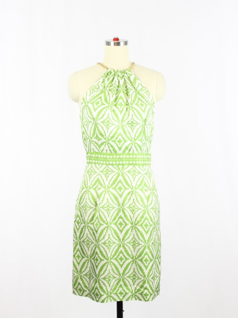 MILLY White Green Geometric Print Silk Twill Chain Halter Sheath Dress, Size 2